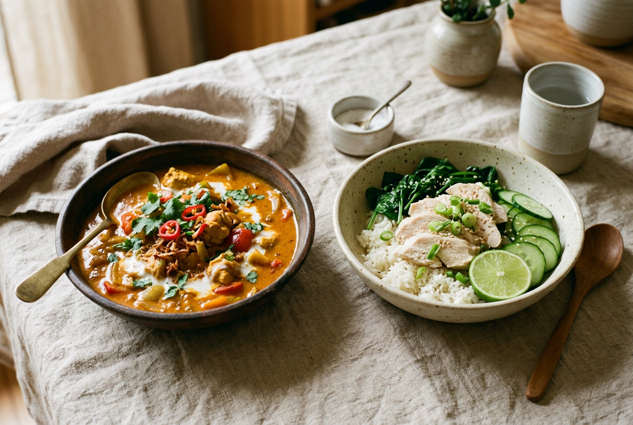 A rich chicken curry beside a lighter bowl of rice, poached chicken and greens