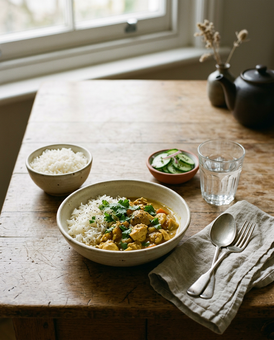 A bowl of chicken curry and rice on a warm wooden table