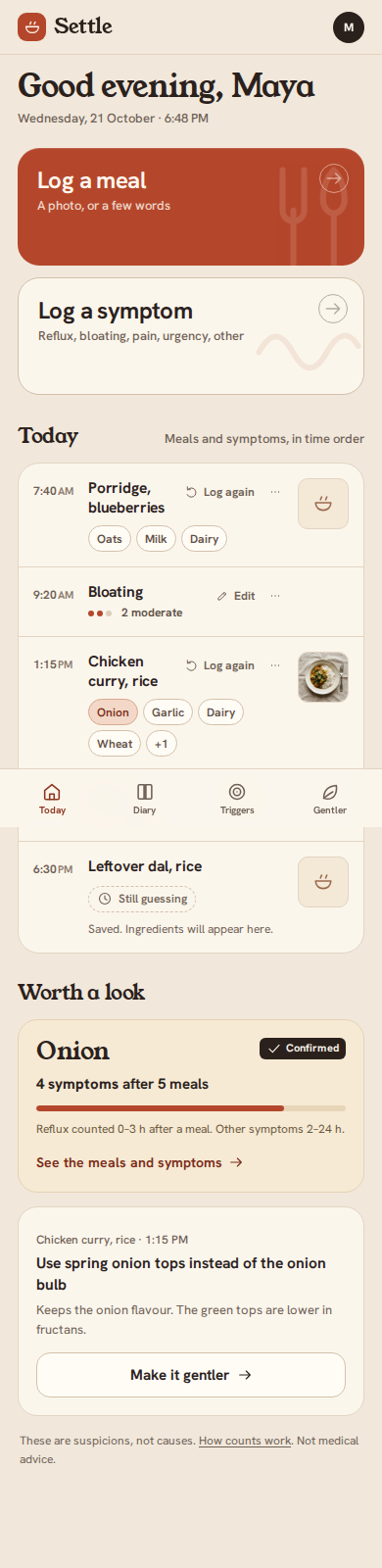 The Settle Today screen with Log a meal and Log a symptom